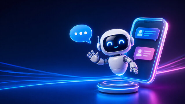 Cute 3D Robot Mascot Assistant Waving Next to Smartphone Screen with Chat Bubbles AI Chatbot Customer Support Automated Virtual Assistance Concept