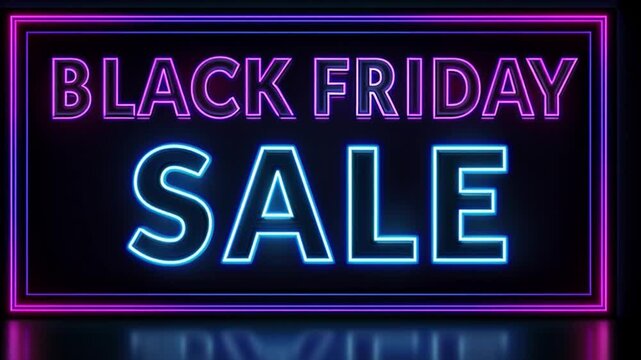 Animated Black Friday neon sign glowing in vibrant purple and blue against a dark black background.