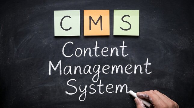 CMS Content Management System Concept on Blackboard with Sticky Notes and Hand Writing in Chalk | Web Development and Digital Strategy