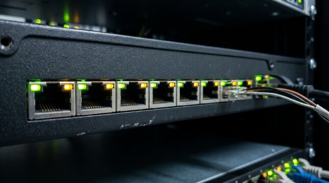 Conceptual close up of an NVR front panel with glowing RJ45 link lights