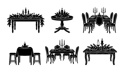 Fototapeta premium Black dining table settings silhouettes, festive candle and pine