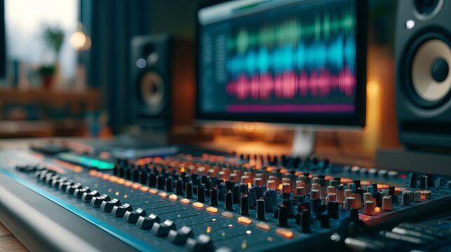 Modern music studio featuring a mixing console with glowing lights, displaying vibrant audio waveforms, symbolizing creativity and professional sound engineering