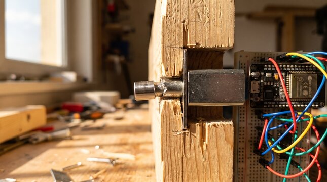 Conceptual extreme macro of a generic metallic solenoid lock mechanism on wood frame