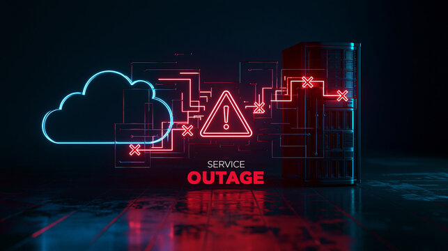 A glowing digital neon warning sign connects a server to a cloud system, highlighting a technical service outage.
