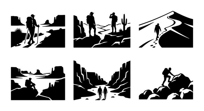 Black and white desert landscape silhouettes, hikers and mountain
