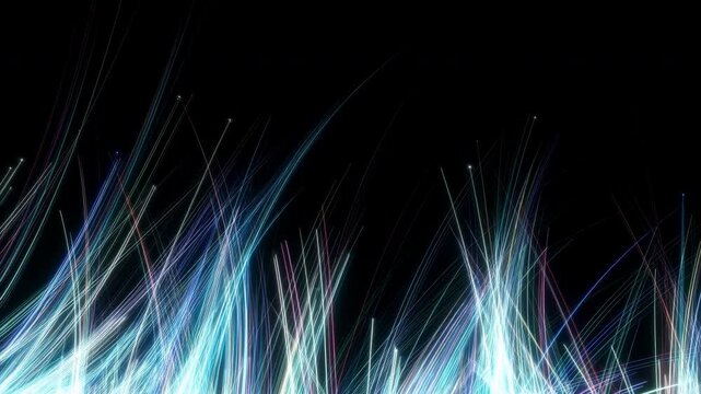 Multicolored luminous strands sweep upward in curved arcs from bright lower edge against deep black background, forming layered cyan, blue, pink, violet and white light trails