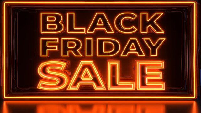 Animated Black Friday neon sign glowing with vibrant golden lights against a dark black background.