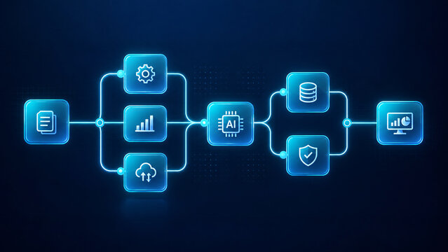 Artificial Intelligence Automated Workflow Flowchart System AI Brain Center Connecting Data Nodes Cloud Security Analytics Database Processing Pipeline Digital Technology Blue Circuit Banner