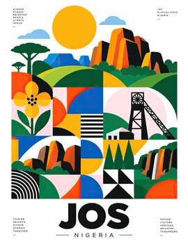 Colorful geometric poster featuring Nigerian landscapes, industrial structures, flowers, and bold typography reading &ldquo;JOS NIGERIA.&rdquo;