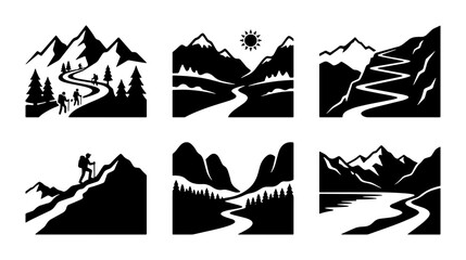 Black mountain landscape icons, hiking and travel themes, graphic © DesignHost