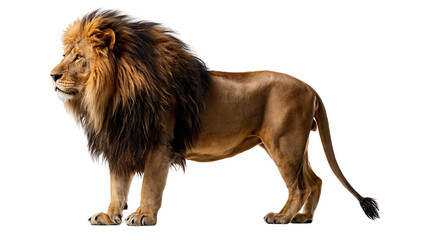 Majestic adult male lion with thick dark brown mane standing in profile © Motruc