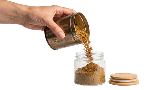 Vintage brass tin pouring brown spice powder into glass jar, hand holding antique metal container with aromatic seasoning, kitchen pantry storage isolated PNG with Transparent Background
