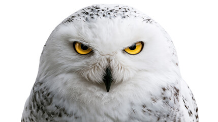 Obraz premium Close up portrait of a snowy owl with intense yellow eyes and white spotted feathers