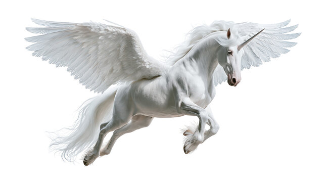 Majestic white winged unicorn galloping with flowing mane and sharp spiral horn