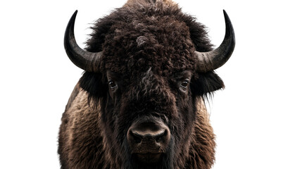 Frontal portrait of a majestic American bison with thick dark brown fur and horns © Motruc