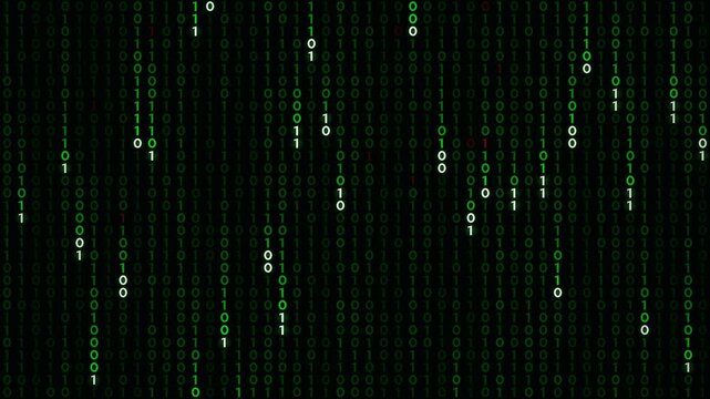 Binary code digits streaming across black background with green glowing data columns in digital matrix style