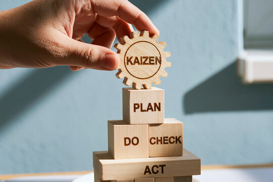 A hand places a wooden gear labeled Kaizen on top of a tower of blocks featuring PDCA business cycle steps.