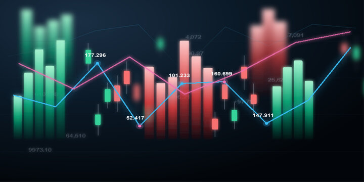A dynamic stock market graph with red and green candlesticks and connecting lines illustrates financial trends and volatility on a dark digital interface.