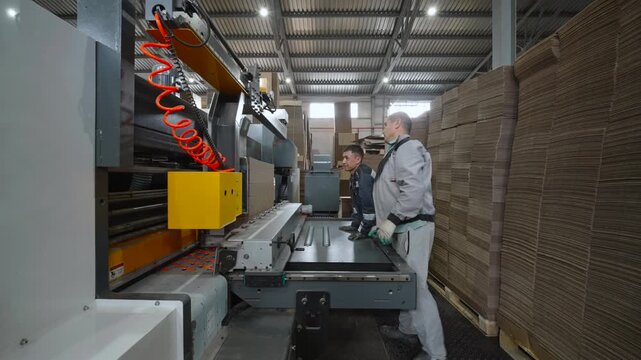 Worker leaning toward cardboard processing machine inside busy warehouse aisle beside tall stacks of flattened sheets, with bright overhead lights, orange hose, and industrial production setting