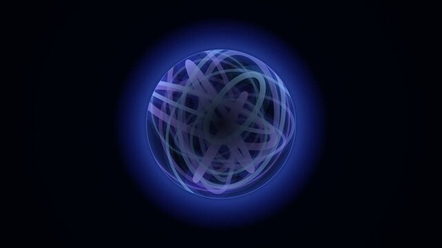 Animated glowing abstract sphere with swirling light trails on dark background