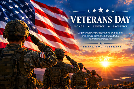 American soldiers saluting the flag on veterans day at sunrise with saluting sol