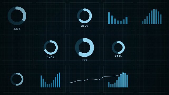 Animated dashboard analytics interface with circular charts and bar graphs on dark grid background