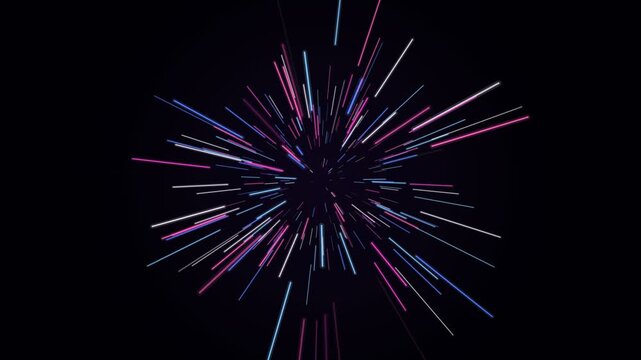 Animated neon light streaks radiating from center on black background, motion graphics abstract burst