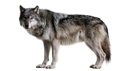 Fototapeta premium Grey wolf standing with thick fur and alert expression