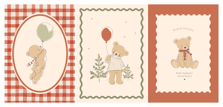 Vintage Christmas Teddy Bear Card and Poster Set, Cute Cottagecore Vector Illustrations with Balloons, Plaid and Winter Trees