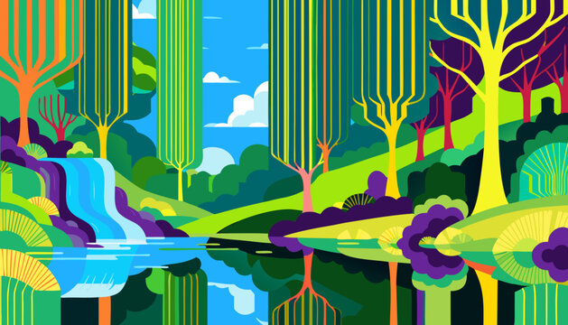 vector, design, panoramic, wide, widescreen, summer, sunny, warm season, bright, forest, forest thicket, grove, landscape, view, environment, natural, nature, organic, outdoors, verdant, lush, green