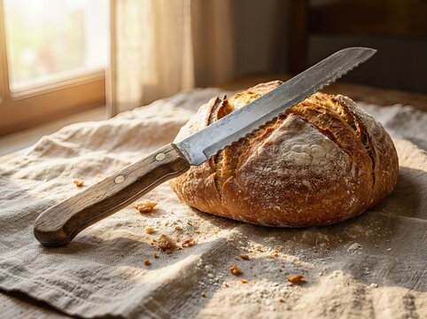 bread and knife on cutting board