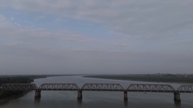 Aerial view of historic railway bridge crossing the river in Bharuch, Gujarat, India