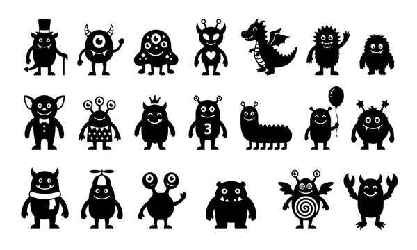 Set of cute cartoon monster silhouettes, collection of funny alien characters