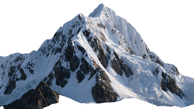 Snow covered jagged mountain peak with rocky cliffs and glaciers