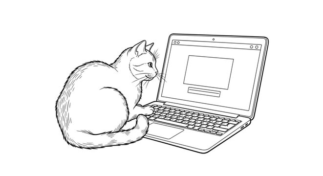 Curious cat sitting beside laptop with paws on keyboard