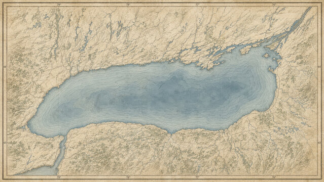 Lake Ontario from above, shoreline, rivers and surrounding terrain. Great Lakes geography on the United States and Canada border