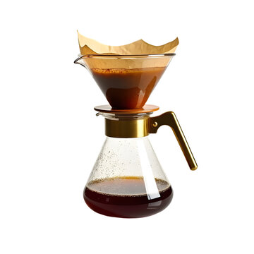 Glass pour over coffee maker with filter and brewed drink isolated on transparent background.
