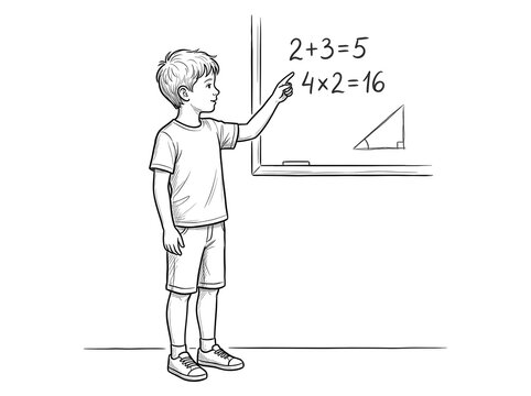 School boy standing by a chalkboard solving math problems with school lesson young student elementary school math equations boy pointing school supplies math class