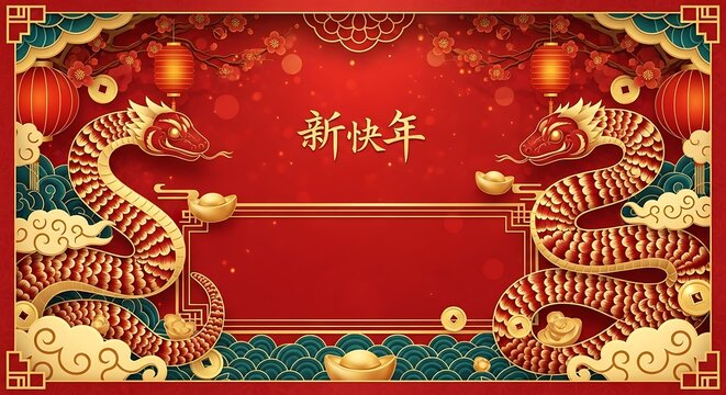 Chinese new year illustration featuring two dragon sculptures with red background and gold accents