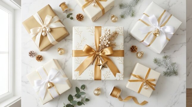 Elegant Christmas gifts wrapped in gold and white with festive decorations