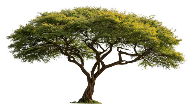 Large spreading acacia tree with dense green foliage and twisted brown trunk