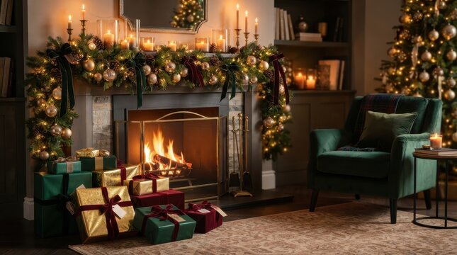 Cozy Christmas living room with fireplace, decorated tree, and gifts
