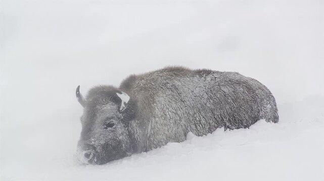 Bison navigating deep snow during a blizzard in a winter landscape