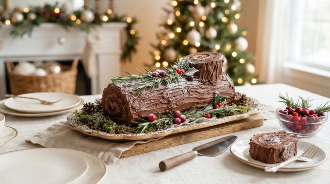 Festive chocolate yule log cake decorated with cranberries and rosemary for Christmas