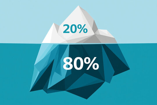 A geometric iceberg illustration showing 20% above water and 80% below.