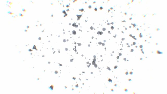 Dispersing dark sphere particles with chromatic aberration distortion blasting outward on white in a 3D animation