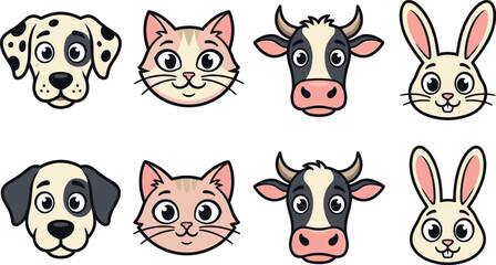 Obraz premium Cute animal faces, colorful cartoon vector illustration featuring dog, cat, cow, and rabbit heads for kids design
