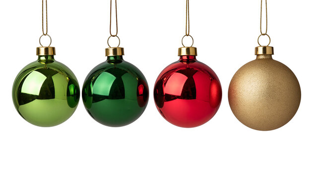 Four hanging Christmas baubles in shiny green, red and matte gold finishes