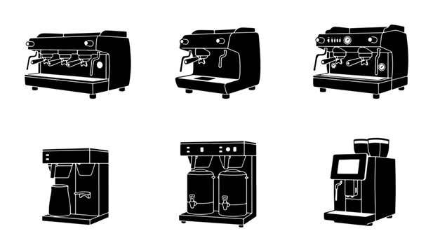 Black coffee maker icons, espresso machine and drip brewer set