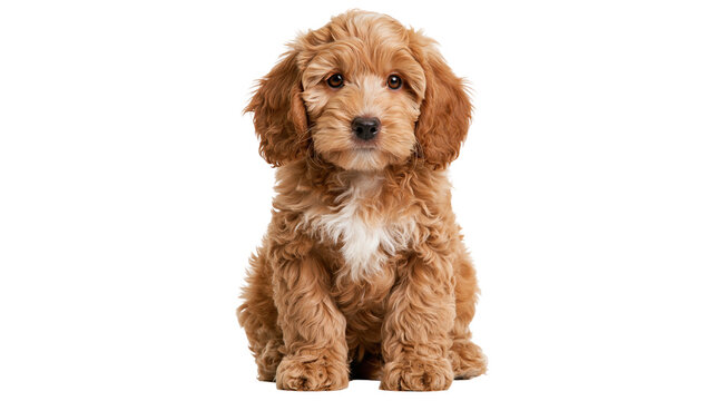 Fluffy golden brown Cockapoo puppy sitting and looking at camera